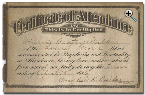 Certificate of Attendance - Winnie Walker, granddaughter of William and Georgiana Jasper